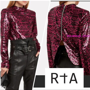 NWT Rta Freddie Sequin Red Leopard Zip Up Blouse Size XS